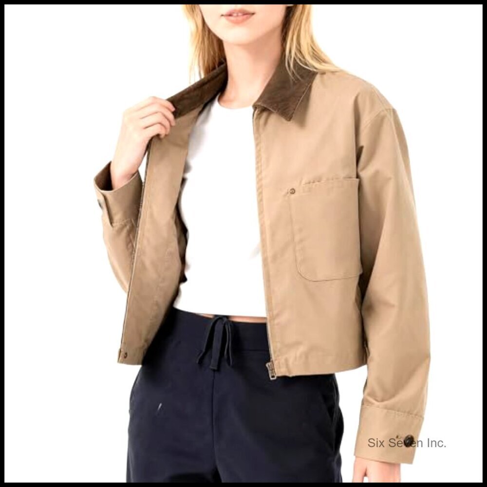 Cropped Bomber Jacket Corduroy Collar Lightweight Utility Zip Up Workwear Chic - Picture 3 of 7